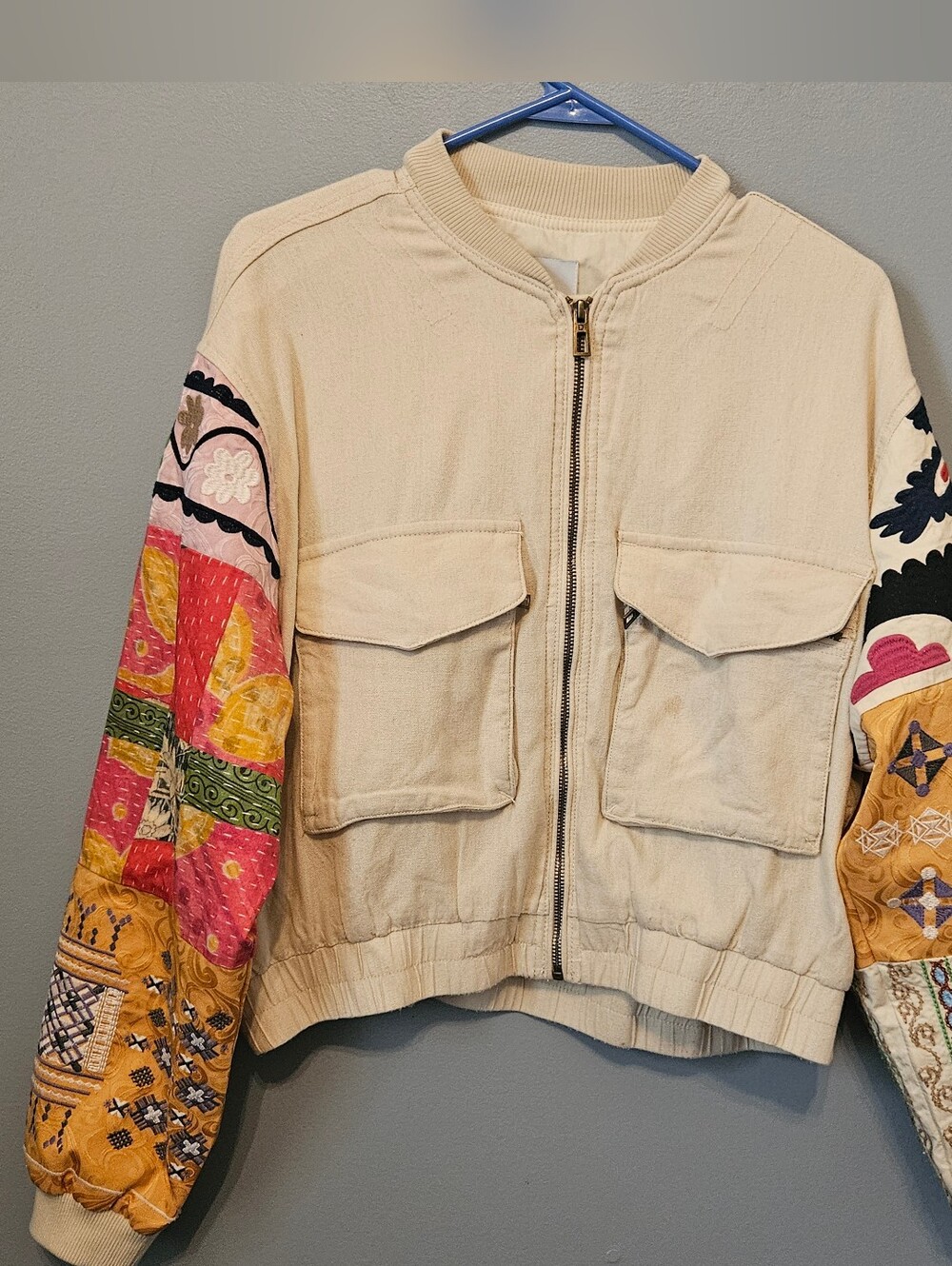 Desigual Patchwork Sleeve Jacket Size Large Boho Chic Khaki Multi Color L